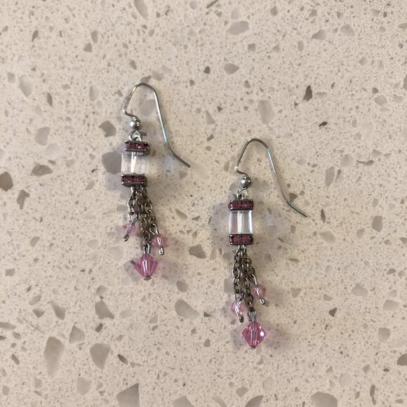 Handmade Pink Crystal Dangle Earrings - Picture 1 of 2
